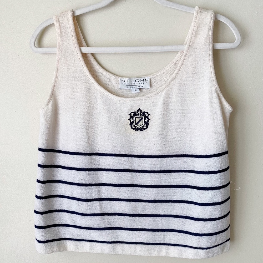 St. John Collection | Embroidered Striped Tank Top Scoop Neck Navy Cream Medium